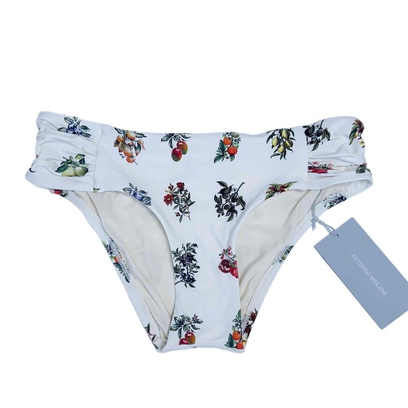 NWT Antonio Melani Size XL Sweet Summer Bikini Bottoms White Floral Ruched Sides - Picture 1 of 9